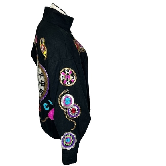 VINTAGE MODI DENIM Black Sequined Time Flies Jacket Coat Women's M 8-10 - Picture 8 of 17